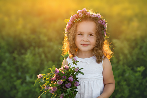 A bouquet of clover flowers in the hands of a child. A wreath on the head of a curly-haired girl. Girl in a clover field at sunset holding flowers in her hands