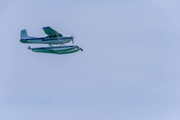 A sea plane flies above Miramar Beach in Florida on May 1, 2021 with space for copy within the image.