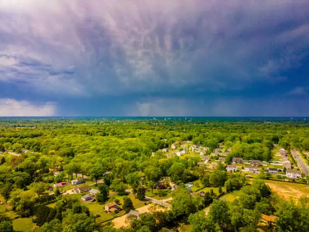An aerial view of a storm in the distance on the horizon in New Jersey.