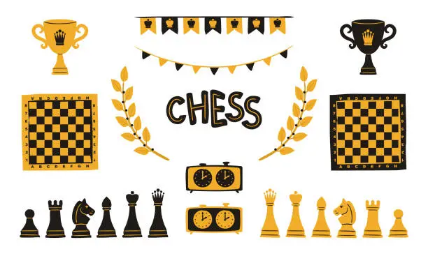 Vector illustration of Set of hand drawn chess pieces, checkerboard, cup, flags, cup and laurel.