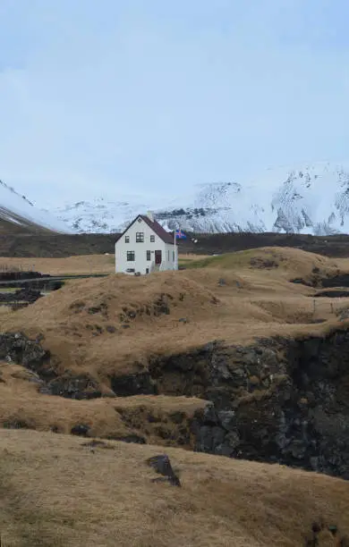 Rugged landscape surrounds Hellnar Iceland on Snaefelssnes Peninsula.
