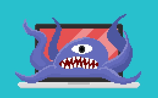 Pixel art, vector of computer virus attacking laptop. One eyed monster is a symbol of computer virus. Illustration