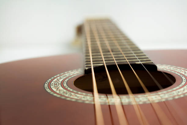istock Classical guitar close up, classical guitar fretboard on white background 1319299359