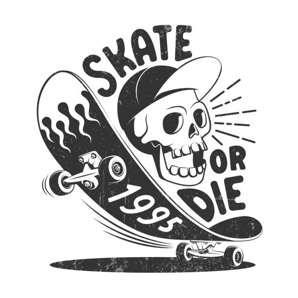 illustrazioni stock, clip art, cartoni animati e icone di tendenza di skate o morire logo retrò - skateboarding