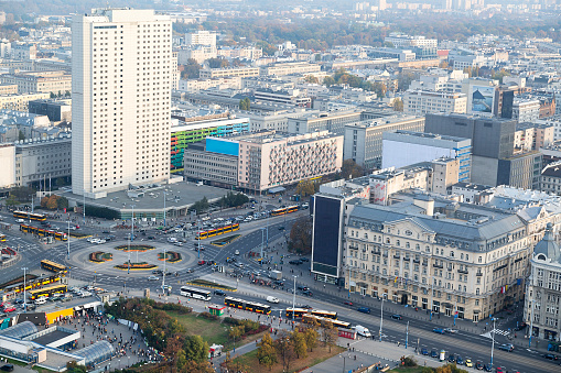 Dmowski Roundabout (Rondo Dmowskiego) and Jerusalem Avenue (Aleje Jerozolimskie), aerial view, city center.