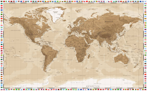 ilustrações de stock, clip art, desenhos animados e ícones de vintage world map. sepia colors. flags. vector - sepia toned illustrations