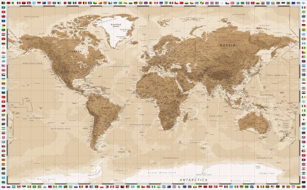 винтажная карта мира. цвета сепии. флаги. вектор - sepia toned stock illustrations