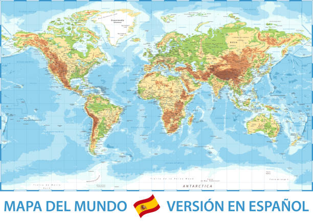 kolor mapy świata fizyczny - hiszpańska wersja językowa - szczegółowa ilustracja wektorowa - mexico argentina stock illustrations