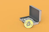 An open suitcase with money next to a bitcoin coin. Exchange, cashing of virtual currency. Investing, reinvesting in mining and cryptocurrency. Copy space. 3d render