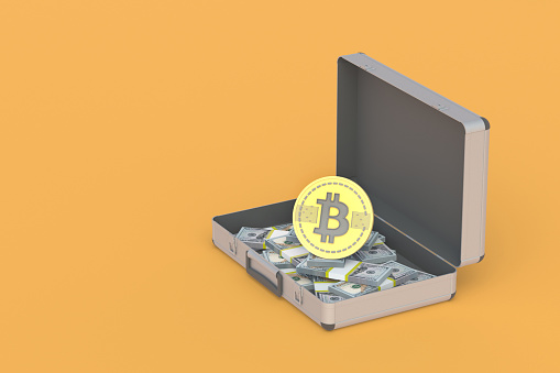 An open suitcase with money next to a bitcoin coin. Exchange, cashing of virtual currency. Investing, reinvesting in mining and cryptocurrency. Copy space. 3d render