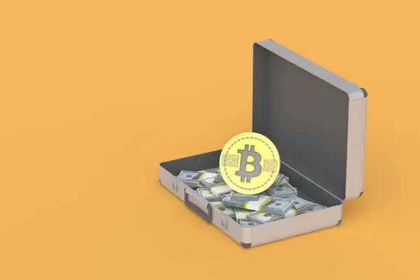 Photo of An open suitcase with money next to a bitcoin coin. Exchange, cashing of virtual currency. Investing, reinvesting in mining and cryptocurrency. Copy space. 3d render