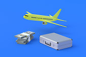 Suitcase near money and airplane. Luxury tourist travel. An expensive vacation. Investing, reinvesting in airlines. Charter flights. Cargo transportation by aviation. 3d render
