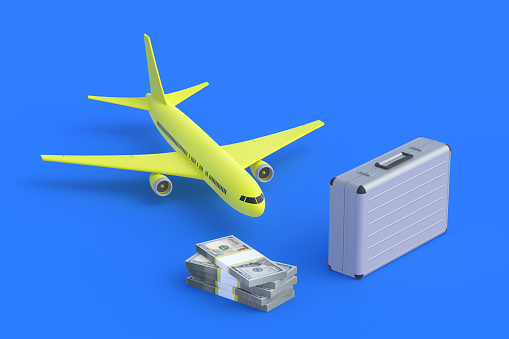 Suitcase near money and airplane. Luxury tourist travel. An expensive vacation. Investing, reinvesting in airlines. Charter flights. Cargo transportation by aviation. 3d render