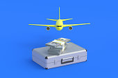 Suitcase near money and airplane. Luxury tourist travel. An expensive vacation. Investing, reinvesting in airlines. Charter flights. Cargo transportation by aviation. 3d render