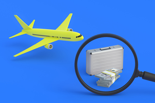 Suitcase near money, magnifying glass and airplane. Search luxury tourist travel. Expensive vacation. Find investing, reinvesting in airlines. Logistics of cargo transportation by aviation. 3d render