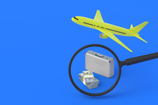 Suitcase near money, magnifying glass and airplane. Search luxury tourist travel. Expensive vacation. Find investing, reinvesting in airlines. Logistics of cargo transportation by aviation. 3d render