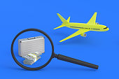 Suitcase near money, magnifying glass and airplane. Search luxury tourist travel. Expensive vacation. Find investing, reinvesting in airlines. Logistics of cargo transportation by aviation. 3d render
