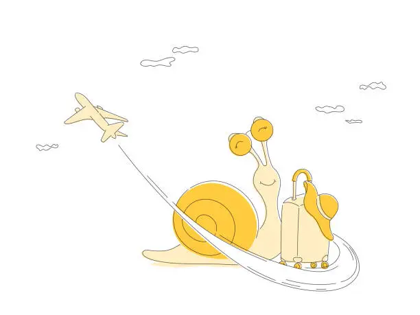 Vector illustration of Creative illustration. Snail with a suitcase dreams of a plane on vacation. Concept of travel, tourism, vacation.
