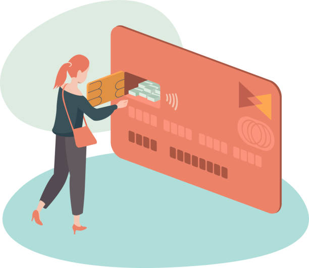 Woman Using Credit Card To Withdraw Money. Safe banking transaction concept. Funds. Deposit. Savings. Financial services. vector art illustration