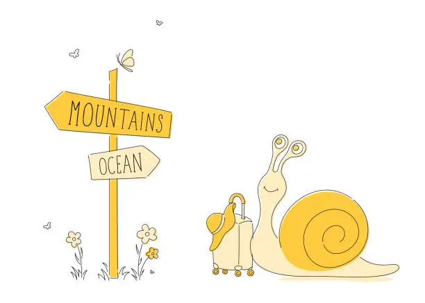 Vector illustration of Creative illustration. The snail is faced with a choice of where to relax: in the mountains or on the ocean. Concept of travel, tourism, vacation.