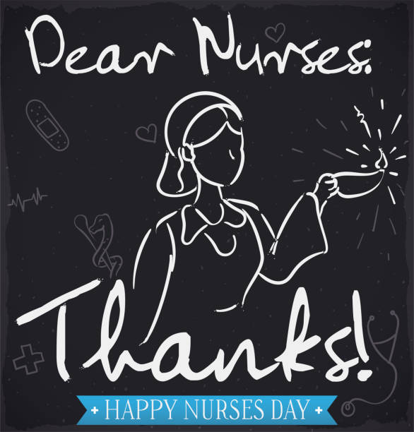 ilustraciones, imágenes clip art, dibujos animados e iconos de stock de pizarra con signo de gratitud y enfermera celebrando su día - florence nightingale