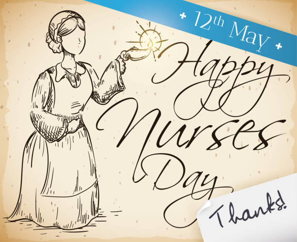 scrollen sie mit krankenschwester zeichnung, dank nachricht und datum für krankenschwestern tag - florence nightingale stock-grafiken, -clipart, -cartoons und -symbole