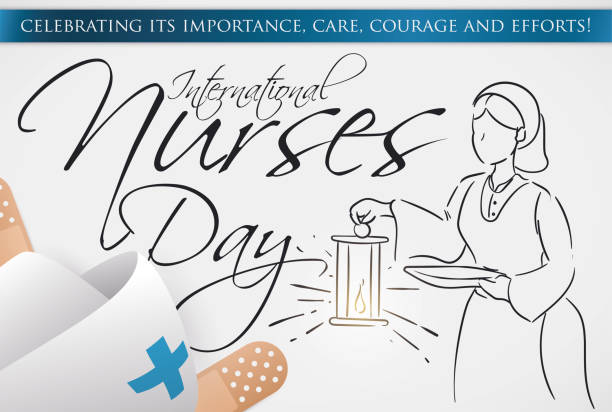 Medical Plasters and Hat with Nurse Drawing for Nurses Day Traditional nurse with lamp drawing, medical plasters and nurse hat with blue cross ready to celebrate International Nurses Day. nurse smock stock illustrations