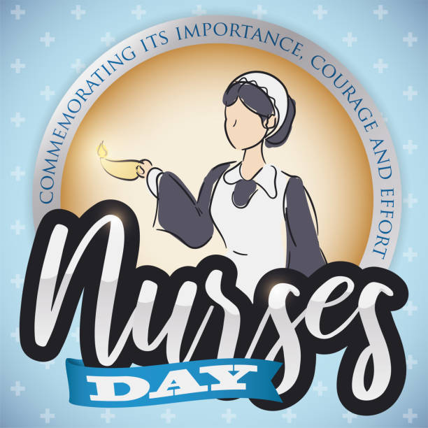krankenschwester zeichnung innen knopf, zeichen und band gedenken an krankenschwestern tag - florence nightingale stock-grafiken, -clipart, -cartoons und -symbole