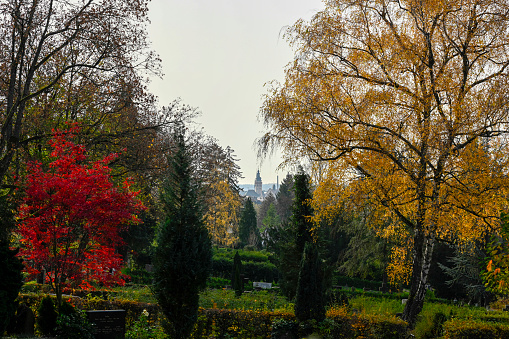 Germany, Karlsruhe, view from the Durlach mountain cemetery.