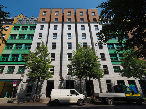 Berlin, Germany - Circa June 2019: Quartier Schuetzenstrasse residential building designed by Italian architect Aldo Rossi