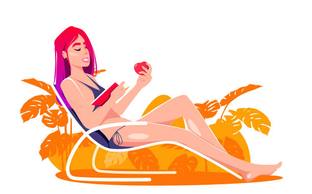 ツートンピンク紫色の髪を持つ美しい若い女性は、デッキチェアで休み、リンゴを食べて本を読んでいます。白い背景に分離された水平ベクターのイラスト。 - bikini sunbathing beach women点のイラスト素材／クリップアート素材／マンガ素材／アイコン素材