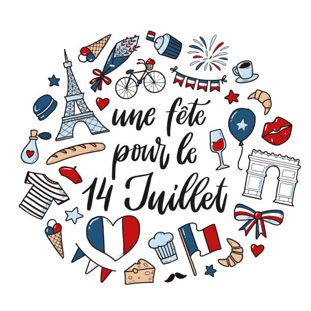 ilustrações de stock, clip art, desenhos animados e ícones de set of colorful france doodles for bastille day - paris france arc de triomphe france french culture