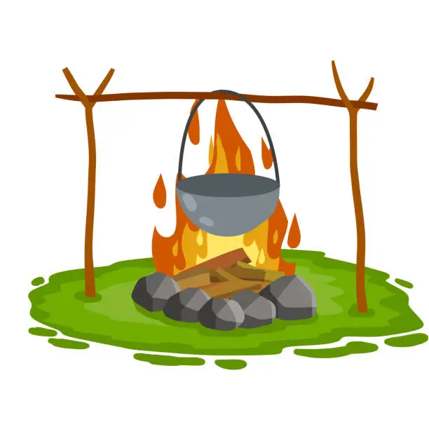 Vector illustration of Cooking on fire in pot. cauldron and campfire. Hot red and orange flames.