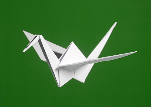 White Origami On Green Background