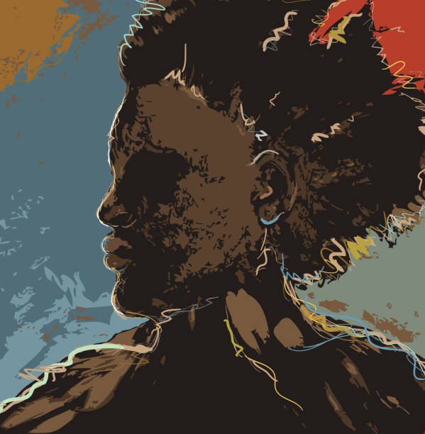 Portrait of black or African American man on colorful background Colorful, artistic portrait of black or African American man. Portrait of male features left side view profile, hair, neck and top of shoulders. Some profile features highlighted in contrasting brown tones. Colorful brush strokes overlaying contrasting browns create motion and style. Abstract background rendered in bright colors of red, caramel, green, muted blue with small patches of medium brown. Download includes png file. afro man stock illustrations