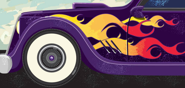ilustrações de stock, clip art, desenhos animados e ícones de clássico retro carro com chamas e whitewalls - whitewalls