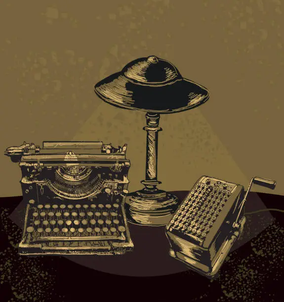 Vector illustration of Retro styled drawing of assorted vintage desk items