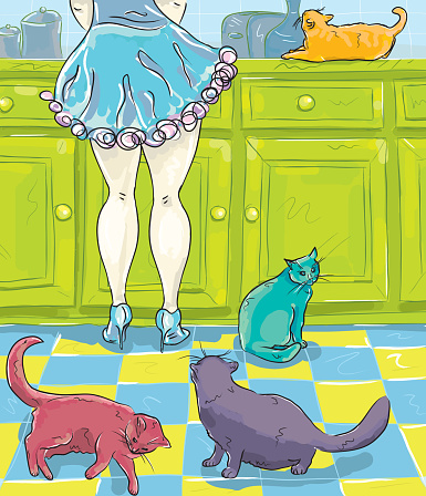 Retro-styled illustration of a woman in high heel shoes, washing dishes in a kitchen, with several cats at her feet. Woman his wearing bright blue gown with frilly trim around skirt bottom and fancy dress shoes. Cats at women's feet include various poses and expressions. Background features bright green coloured kitchen countertop with drawers and lower cabinet doors as well as, a blue and yellow checkered tile floor in perspective. Please check my portfolio for similar compositions of this subject matter. Download includes png file.