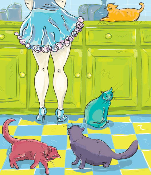 猫と一緒にキッチンでハイヒールの靴を履いた女性 キッチンで皿を洗っているハイヒールの靴を履いた女性と、足元に数匹の猫がいるレトロなスタイルのイラスト。女性は、スカートの裾の周りにフリルのトリムが付いた明るい青色のガウンと派手なドレス シューズを着ています。女性の足元にいる猫は様々なポーズや表情を持っています。背景には、引き出しと下部キャビネットのドアが付いた明るい緑色のキッチン カウンター トップ、遠近感のある青と黄色の市松模様のタイル床が特徴です。この主題の同様の構成については、私のポートフォリオを確認してください。ダウンロードにはpngファイルが含まれています。フリルミニスカートを着用するのイラスト素材