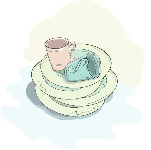 Vector illustration of Stacked cups and plates
