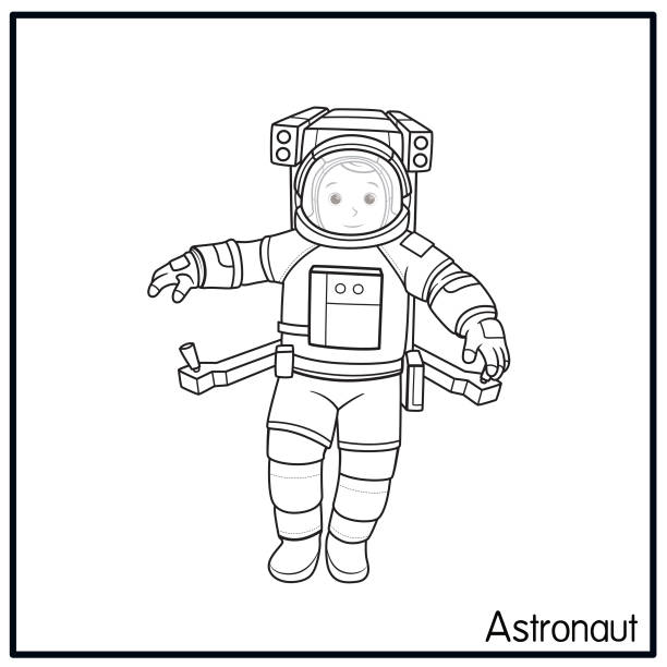 Vector illustration of astronaut isolated on white background. Jobs and occupations concept. Cartoon characters. Education and school kids coloring page, printable, activity, worksheet, flashcard. Vector illustration of astronaut isolated on white background. Jobs and occupations concept. Cartoon characters. Education and school kids coloring page, printable, activity, worksheet, flashcard. astronaut drawings stock illustrations