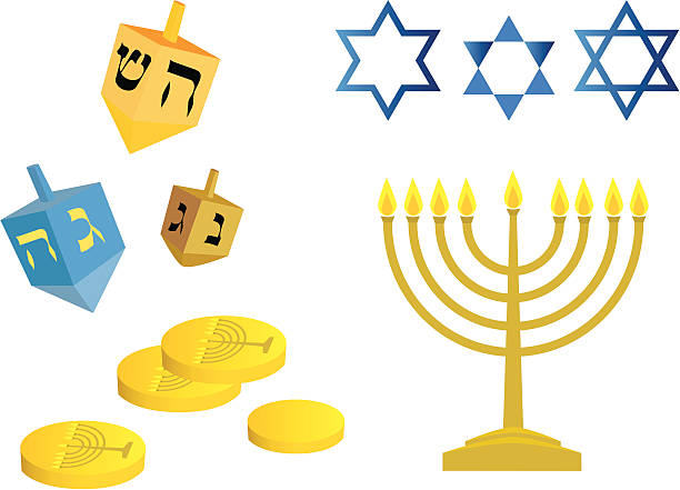 Hanukkah dreidels, gelt and menorah Vector illustration - Design elements: Hanukkah menorah with candles, dreidels, gelt and star of david. chocolate gelt stock illustrations