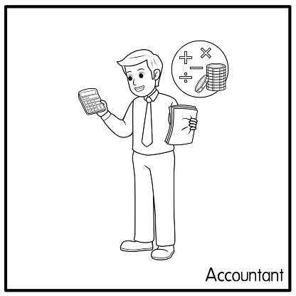 Vector illustration of accountant isolated on white background. Jobs and occupations concept. Cartoon characters. Education and school kids coloring page, printable, activity, worksheet, flashcard.