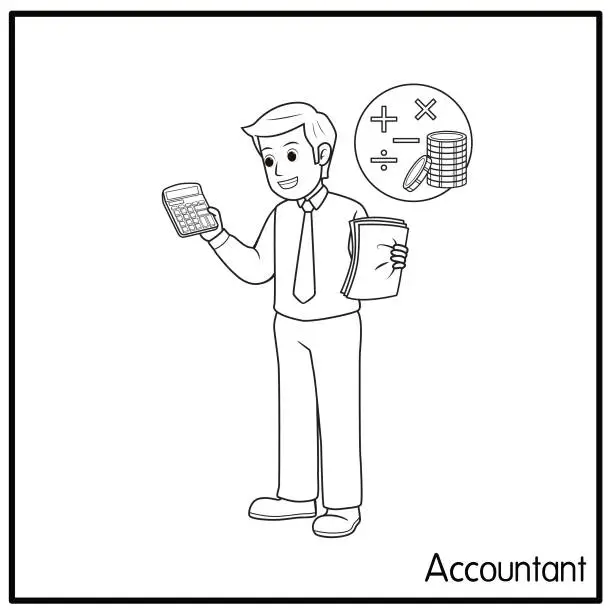 Vector illustration of Vector illustration of accountant isolated on white background. Jobs and occupations concept. Cartoon characters. Education and school kids coloring page, printable, activity, worksheet, flashcard.