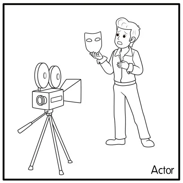 Vector illustration of Vector illustration of actor isolated on white background. Jobs and occupations concept. Cartoon characters. Education and school kids coloring page, printable, activity, worksheet, flashcard.