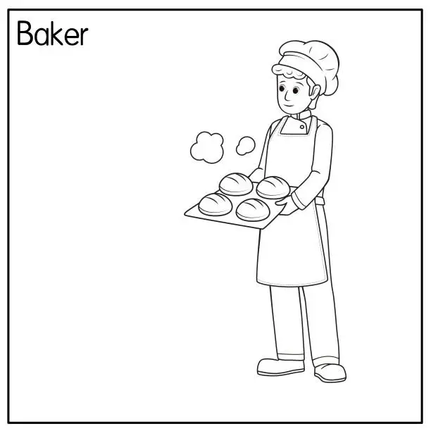 Vector illustration of Vector illustration of baker isolated on white background. Jobs and occupations concept. Cartoon characters. Education and school kids coloring page, printable, activity, worksheet, flashcard.