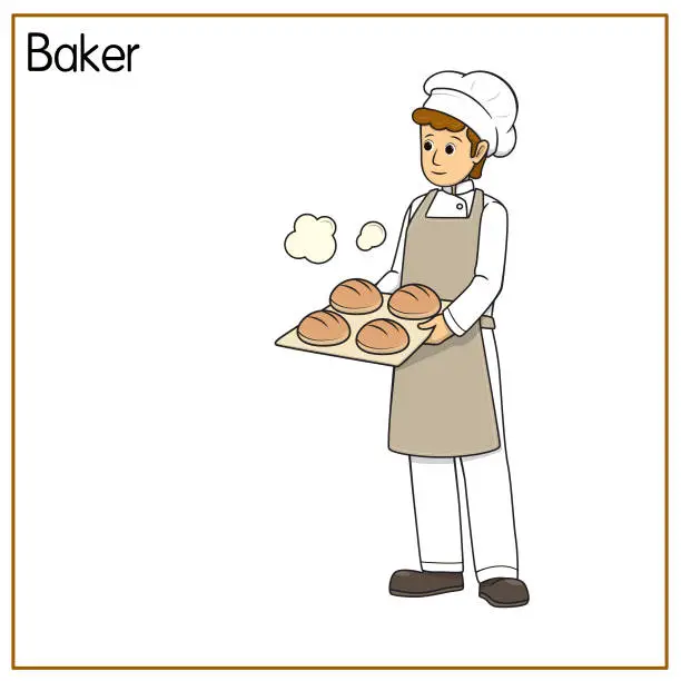 Vector illustration of Vector illustration of baker isolated on white background. Jobs and occupations concept. Cartoon characters. Education and school kids coloring page, printable, activity, worksheet, flashcard.