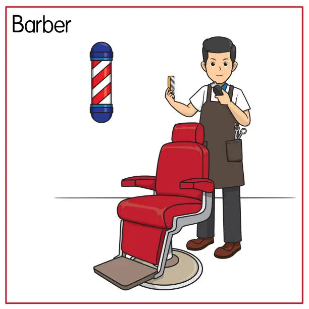 Vector illustration of Vector illustration of barber isolated on white background. Jobs and occupations concept. Cartoon characters. Education and school kids coloring page, printable, activity, worksheet, flashcard.