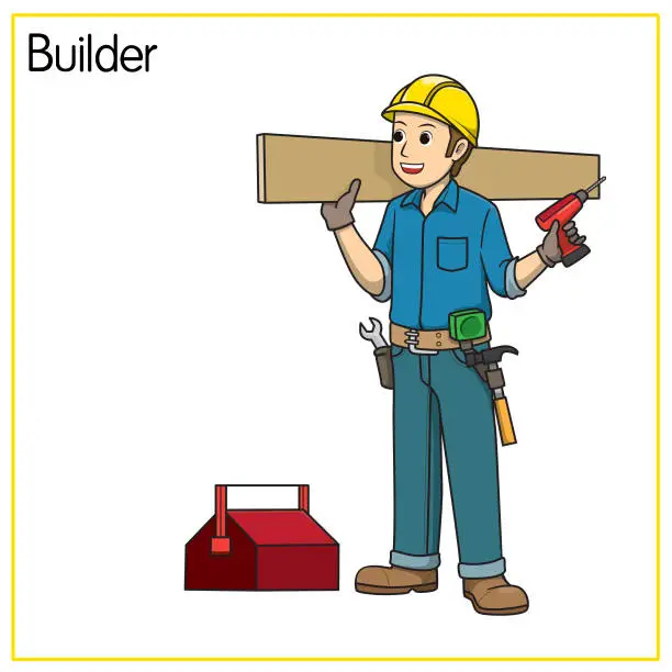 Vector illustration of Vector illustration of builder isolated on white background. Jobs and occupations concept. Cartoon characters. Education and school kids coloring page, printable, activity, worksheet, flashcard.