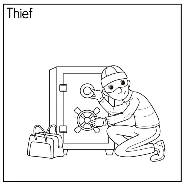 Vector illustration of Vector illustration of thief isolated on white background. Jobs and occupations concept. Cartoon characters. Education and school kids coloring page, printable, activity, worksheet, flashcard.